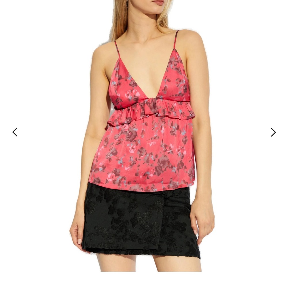 GANNI - RASPBERRY WINE RED FLORAL SATIN TOP
